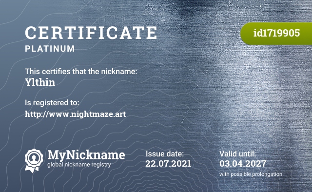 Certificate for nickname Ylthin, registered to: http://www.nightmaze.art