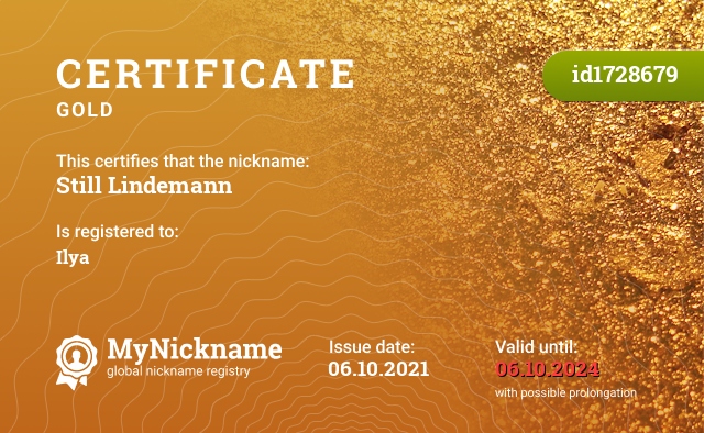 Certificate for nickname Still Lindemann, registered to: Илья