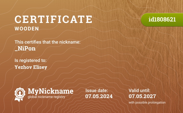 Certificate for nickname _NiPon, registered to: Ежов Елисей