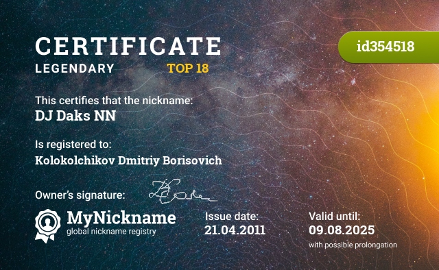 Certificate for nickname DJ Daks NN, registered to: Kolokolchikov Dmitriy Borisovich