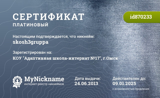 Сертификат на никнейм skosh3gruppa, зарегистрирован на КОУ СКОШ №3, г.Омск