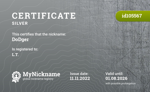 Certificate for nickname DoDger, registered to: L.T.