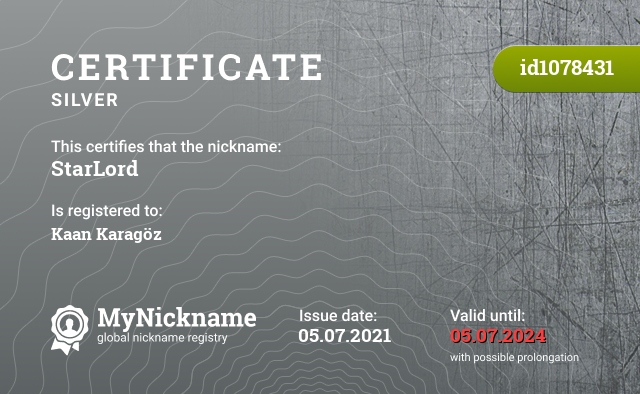 Certificate for nickname StarLord, registered to: Kaan Karagöz