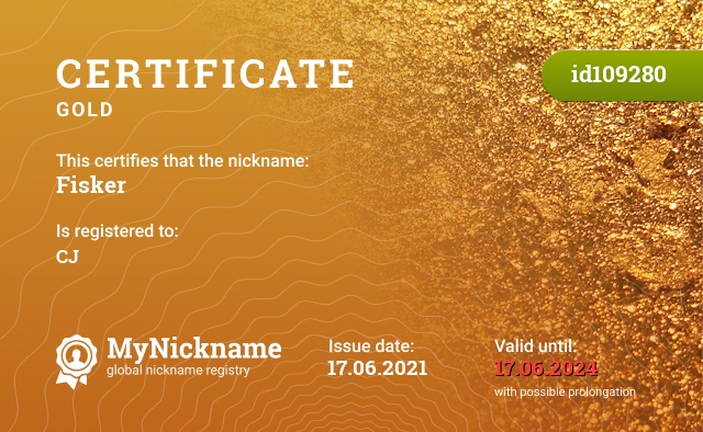 Certificate for nickname Fisker, registered to: CJ