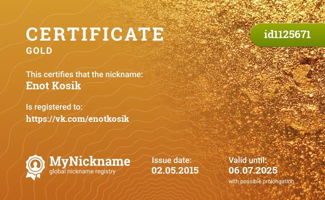 Certificate for nickname Enot Kosik, registered to: https://vk.com/enotkosik