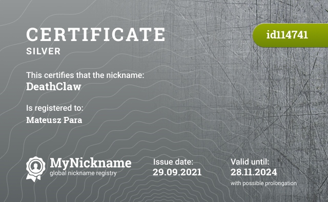 Certificate for nickname DeathClaw, registered to: Mateusz Para