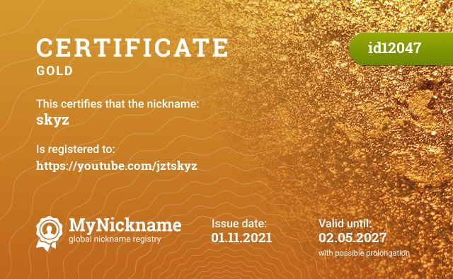 Certificate for nickname skyz, registered to: https://youtube.com/jztskyz