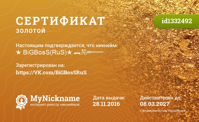 Сертификат на никнейм ★ BiGBosS(RuS)★ ︻芫═───, зарегистрирован на https://VK.com/BiGBosSRuS