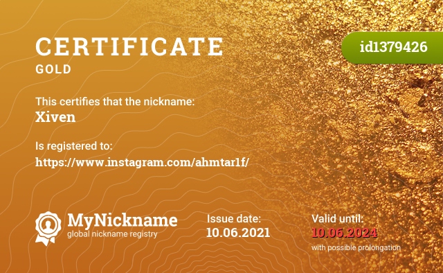 Certificate for nickname Xiven, registered to: https://www.instagram.com/ahmtar1f/