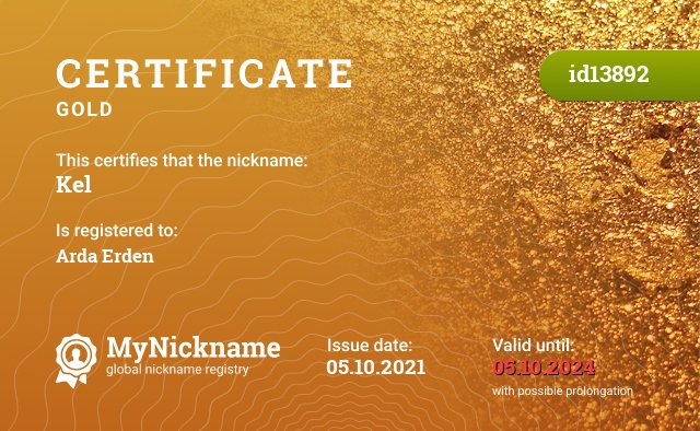 Certificate for nickname Kel, registered to: Arda Erden