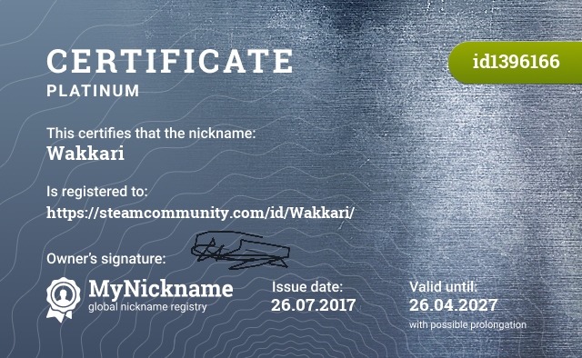 Certificate for nickname Wakkari, registered to: https://steamcommunity.com/id/Wakkari/