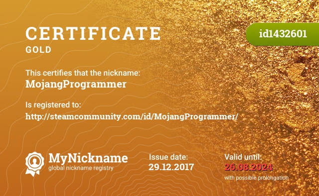 Certificate for nickname MojangProgrammer, registered to: http://steamcommunity.com/id/MojangProgrammer/