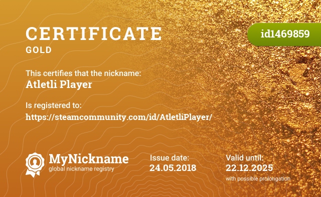 Certificate for nickname Atletli Player, registered to: https://steamcommunity.com/id/AtletliPlayer/