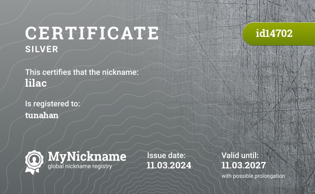Certificate for nickname lilac, registered to: Tunahan