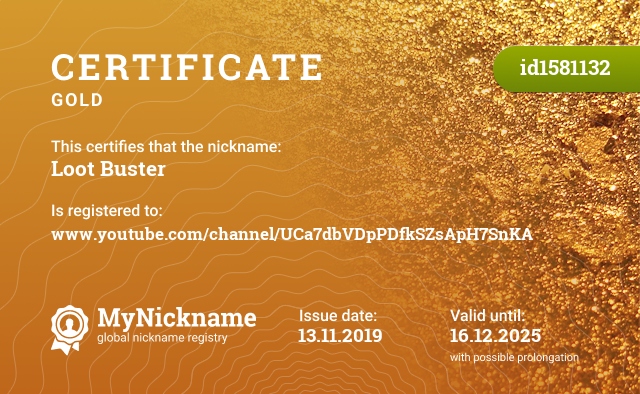 Certificate for nickname Loot Buster, registered to: www.youtube.com/channel/UCa7dbVDpPDfkSZsApH7SnKA
