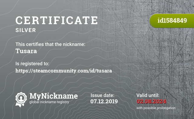 Certificate for nickname Tusara, registered to: https://steamcommunity.com/id/tusara