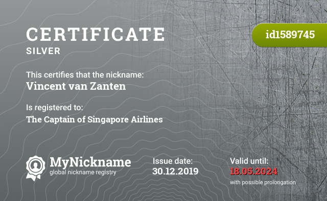 Certificate for nickname Vincent van Zanten, registered to: The Captain of Singapore Airlines
