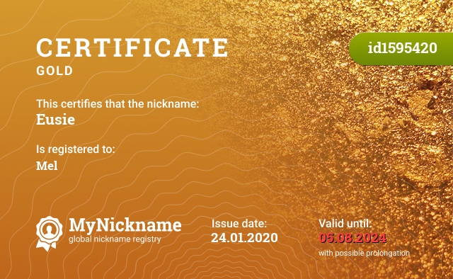 Certificate for nickname Eusie, registered to: Mel
