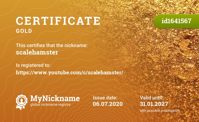 Certificate for nickname scalehamster, registered to: https://www.youtube.com/c/scalehamster/