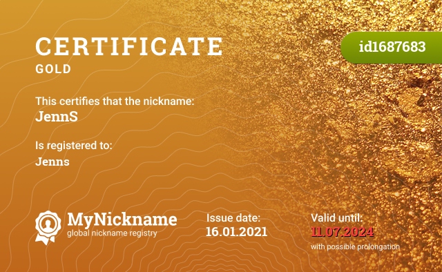 Certificate for nickname JennS, registered to: Jenns