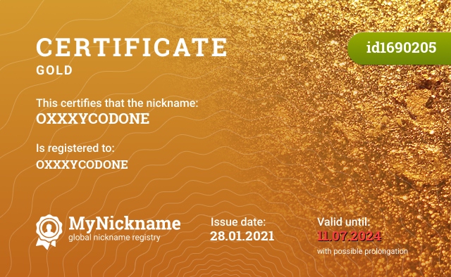 Certificate for nickname OXXXYCODONE, registered to: OXXXYCODONE