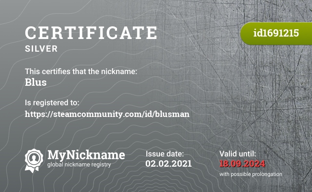 Certificate for nickname Blus, registered to: https://steamcommunity.com/id/blusman