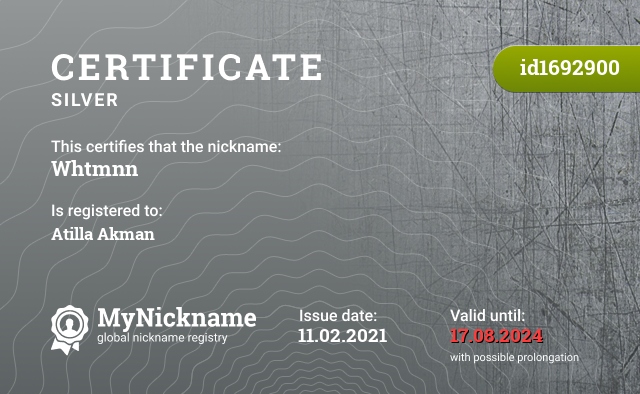 Certificate for nickname Whtmnn, registered to: Atilla Akman
