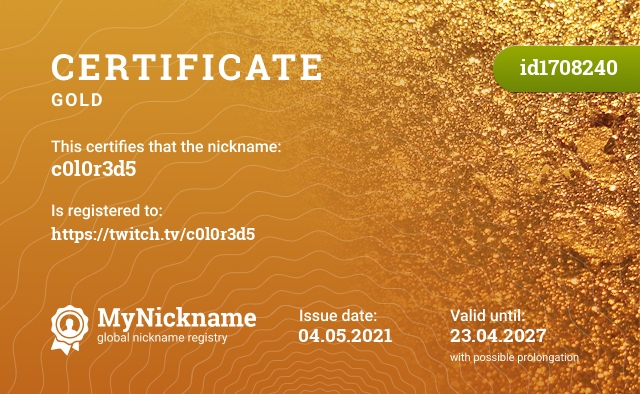 Certificate for nickname c0l0r3d5, registered to: https://twitch.tv/c0l0r3d5