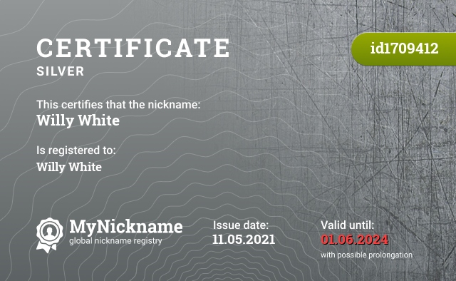 Certificate for nickname Willy White, registered to: Willy White