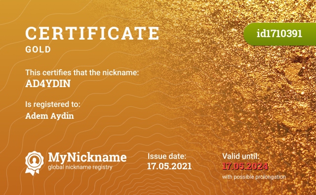Certificate for nickname AD4YDIN, registered to: Adem Aydın