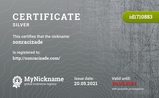 Certificate for nickname sonracizade, registered to: http://sonracizade.com/