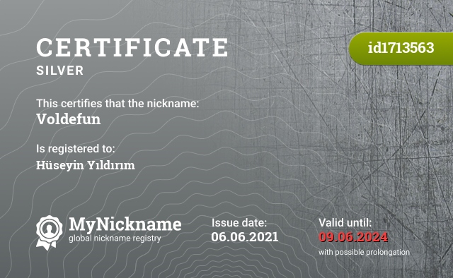 Certificate for nickname Voldefun, registered to: Hüseyin Yıldırım