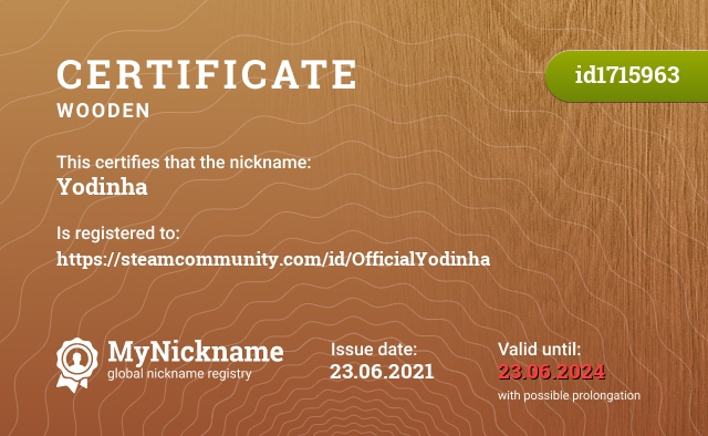 Certificate for nickname Yodinha, registered to: https://steamcommunity.com/id/OfficialYodinha