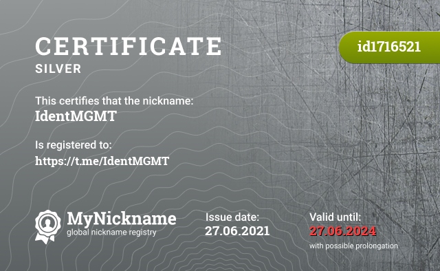 Certificate for nickname IdentMGMT, registered to: https://t.me/IdentMGMT