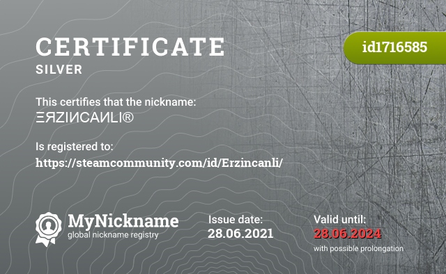 Certificate for nickname ΞЯZIИCAИLI®, registered to: https://steamcommunity.com/id/Erzincanli/