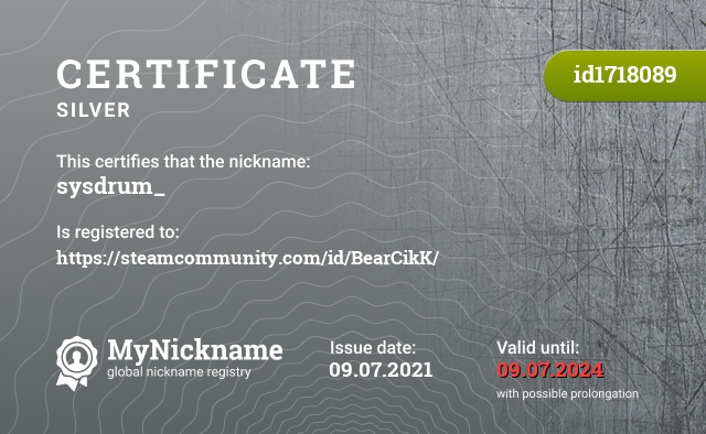 Certificate for nickname sysdrum_, registered to: https://steamcommunity.com/id/BearCikK/