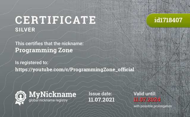 Certificate for nickname Programming Zone, registered to: https://youtube.com/c/ProgrammingZone_official