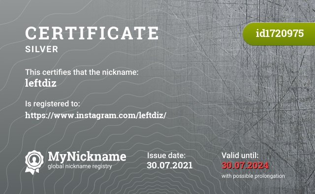 Certificate for nickname leftdiz, registered to: https://www.instagram.com/leftdiz/