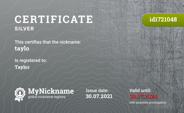 Certificate for nickname taylo, registered to: taylo