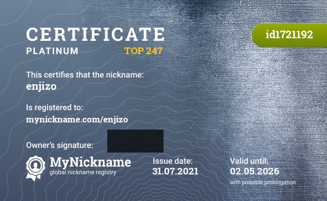Certificate for nickname enjizo, registered to: mynickname.com/enjizo
