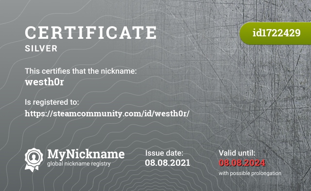 Certificate for nickname westh0r, registered to: https://steamcommunity.com/id/westh0r/