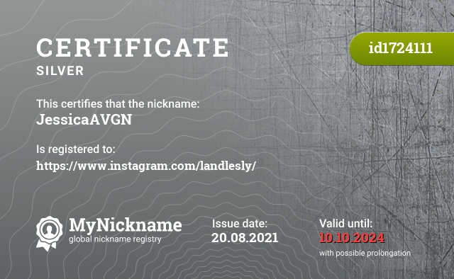 Certificate for nickname JessicaAVGN, registered to: https://www.instagram.com/landlesly/