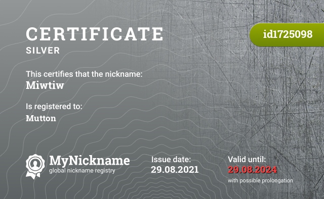 Certificate for nickname Miwtiw, registered to: Miwtiw