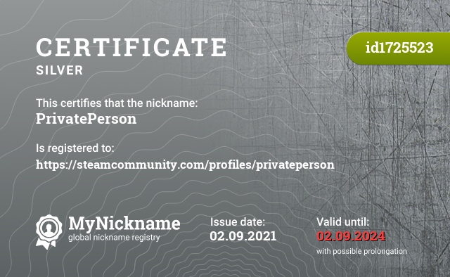Certificate for nickname PrivatePerson, registered to: https://steamcommunity.com/profiles/privateperson
