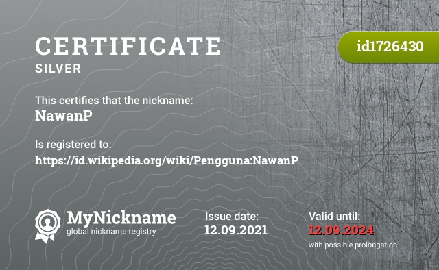 Certificate for nickname NawanP, registered to: https://id.wikipedia.org/wiki/Pengguna:NawanP