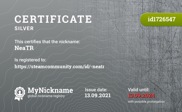 Certificate for nickname NeaTR, registered to: https://steamcommunity.com/id/-neatr
