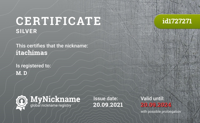 Certificate for nickname itachimas, registered to: М. Д