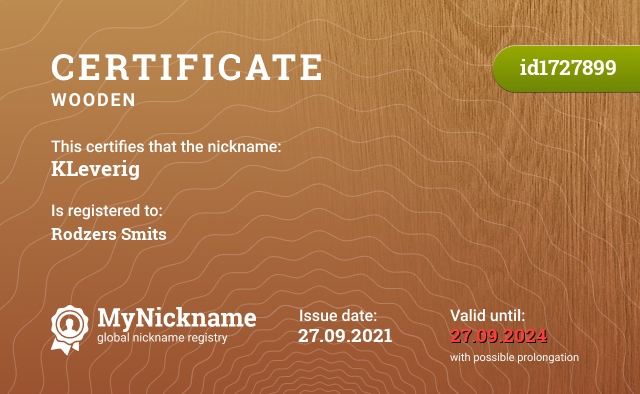 Certificate for nickname KLeverig, registered to: Rodzers Smits