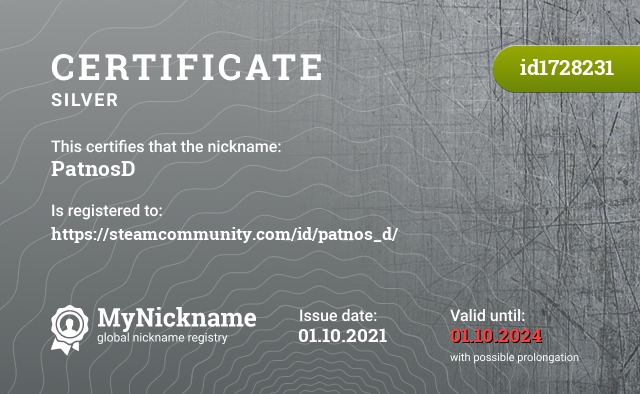 Certificate for nickname PatnosD, registered to: https://steamcommunity.com/id/patnos_d/