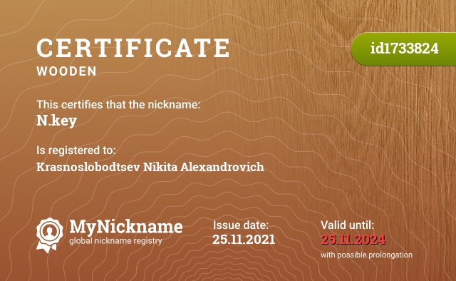 Certificate for nickname N.key, registered to: Краснослободцев Никита Александрович 